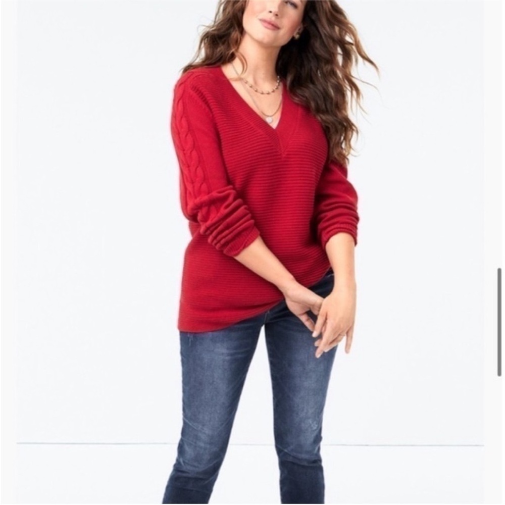 CAbi Red V-Neck Sweater | Braided Knit Sleeves Small